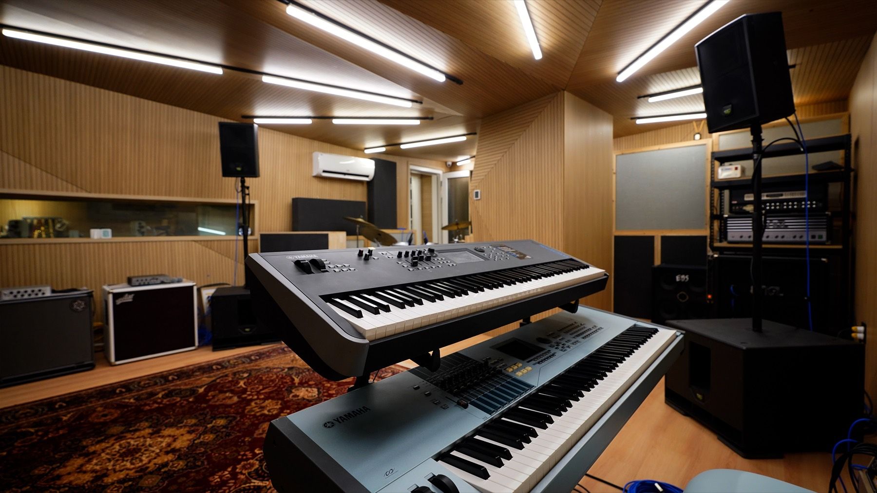 The live room seen from the keyboards, amps and monitors